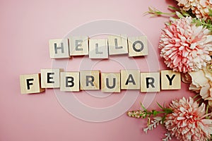 Hello February alphabet letter with space copy on pink background