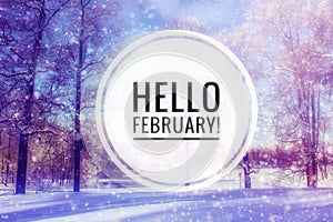 Hello February photo. The beginning of the New Year. Greeting card photo