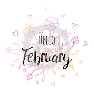 Hello February poster with flowers and hearts. Motivational print for calendar, glider. photo