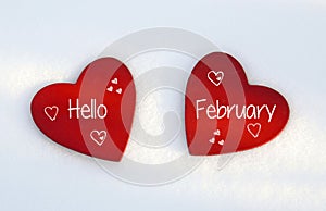 Hello February.Two red wooden hearts on natural white snow background.Winter holidays or Valentines Day concept. photo