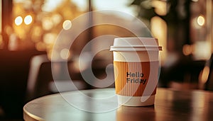 Hello friday coffee cup AI generated. hello friday coffee cup stand on table
