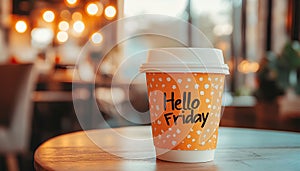 Hello friday coffee cup AI generated. hello friday coffee cup stand on table