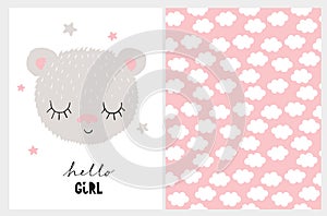 Hello Girl. Baby Shower Illustration with Cute Baby Bear..