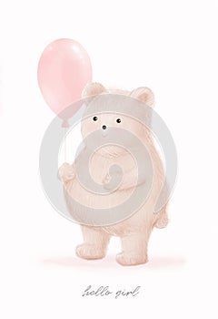 Hello Girl. Funny Fluffy Bear with Pink Balloon.