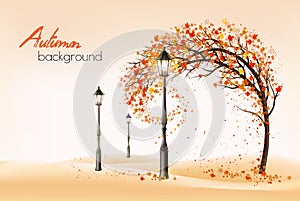 Hello a gold autumn. Autumn landscape with autumn colorful leaves on the tree and lampposts in a park on a background. Vector