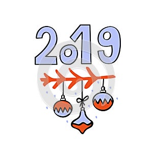 Hello 2019 greeting card with hand drawn christmas balls hanging on twig