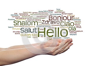 Hello or greeting international word cloud on hands in different languages or multilingual