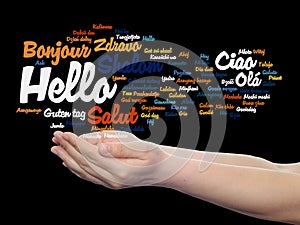 Hello or greeting international word cloud on hands in different languages or multilingual