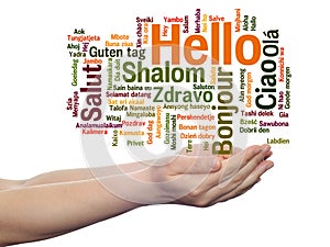 Hello or greeting international word cloud on hands in different languages or multilingual