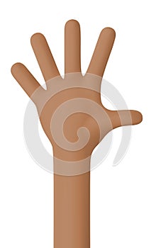 Hello - hand gesture. Unclenched hand of an African American. The finger count is number five. All fingers unclenched. Hand