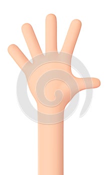 Hello - hand gesture. Unclenched palm. Counting on fingers - number five. All fingers are unclenched and raised up. Hand isolated