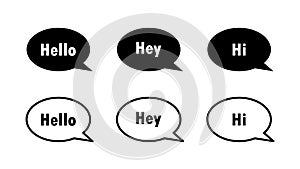 Hello, hey, hi. Set of speech bubbles with greeting. Vector illustration