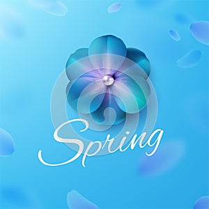 Hello, hi spring blue background stock vector illustration. Realistic flower. Templates for placards, banners, flyers