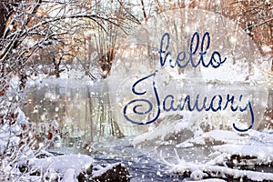 HELLO JANUARY greeting card. Winter holidays concept. photo