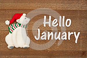 Hello January message with cute Santa bear