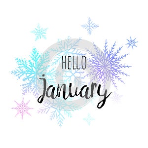 Hello January poster with snowlakes on the white background. Motivational print for calendar, glider.