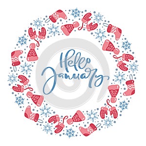 Hello January vector scandinavian calligraphic vintage text. Winter Wreath with xmas phrase. Greeting card template with