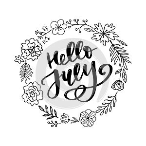 Hello july lettering print. Summer minimalistic illustration. Isolated calligraphy on white background