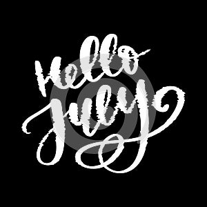 Hello july lettering print. Summer minimalistic illustration. Isolated calligraphy on white background. Glitch