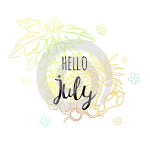 Hello July poster with palm, sun glasses, sandals, flowers and coctail. Motivational print for calendar, glider