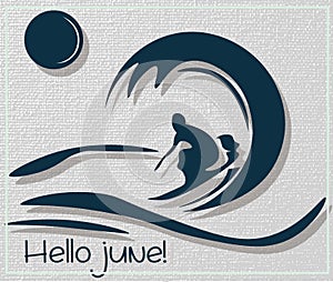 Hello June Summer Surfer Vector card