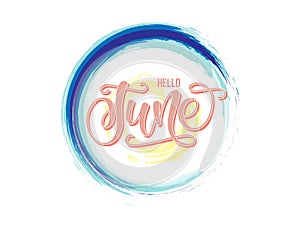Hello June vector poster. Blue wave, sun and hello june summer text. Simple summer illustration with hand drawn lettering typograp