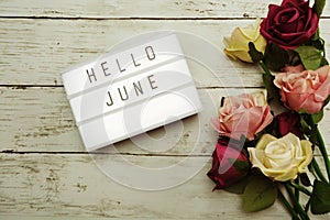 Hello June Word on Light box with roses flower bouquet on wooden background