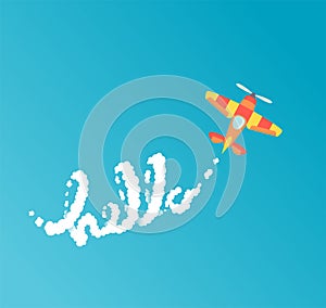 `Hello` lettering. Flat style cartoon airplane writes phrase with clouds in the sky photo