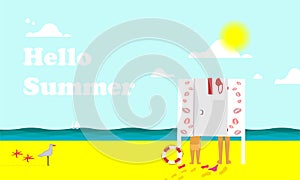 Hello letto. View of the sea and the sandy beach. A child is undressed in the beach changing room. Seagull and starfish. Vector photo