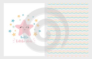 Hello Little Star Vector Illustration Set. Hand Drawn Design. Smiling Pink Star. Baby Shower.