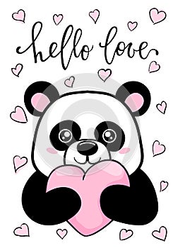 Hello love. Hand drawn creative calligraphy and brush pen lettering. Cute Panda holds big heart. design for holiday greeting card