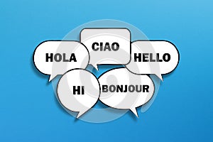 Hello in many different languages with speech bubbles