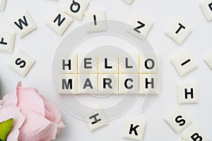 Hello March. Alphabet Blocks and Flower