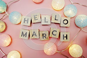 Hello March alphabet letter with space copy on pink background