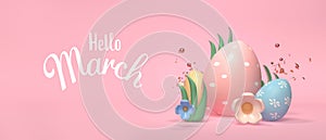 Hello March message with Easter eggs and spring holiday pastel colors