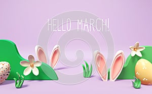 Hello March message with rabbit ears