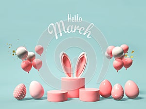 Hello March message with rabbit ears and eggs