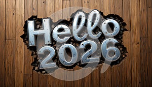 Hello 2026 Metallic Typography Breaking Through Wooden Wall Background