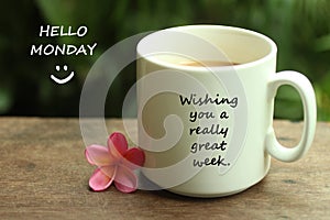 Hello Monday greetings with a smile face emoticon - Wishing you a really great week.  With white mug of coffee and notes on it.