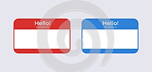 Hello my name is badge template. Identification blue label with name of character attached red badge for presentation.