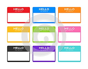 Hello My Name Is... Name Tag Set. Label sticker on white background. Vector illustration.