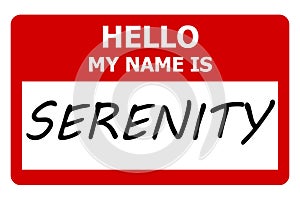 hello my name is serenity tag on white