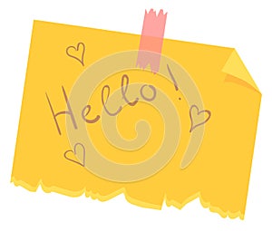 Hello note. Cute paper sticker with handwritting
