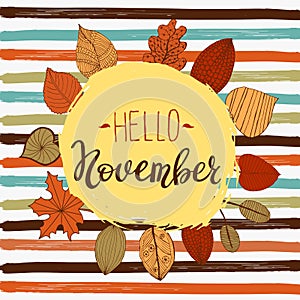 Hello november autumn flyer template with lettering. Bright fall leaves. Poster, card, label, banner design. Vector