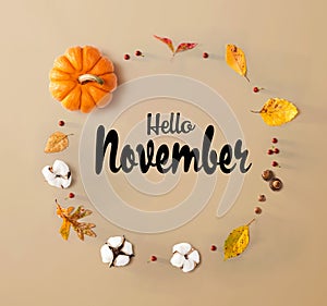 Hello November message with autumn leaves and orange pumpkin