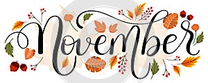 HELLO NOVEMBER. November month vector hand lettering with flowers and leaves. Floral decoration text. Illustration November