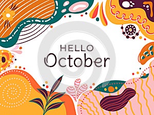 Hello October Floral Abstract Typography Social media post vector Illustration. Memphis pattern design horizontal background.