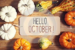 Hello October message with collection of pumpkins