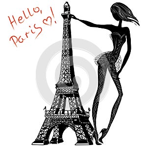 Hello, Paris. Fashion girl near Eiffel Tower