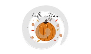 Hello pumpkin season. Autumn hand drawn lettering vector set with pumpkins, chestnut and leaves. Halloween illustration